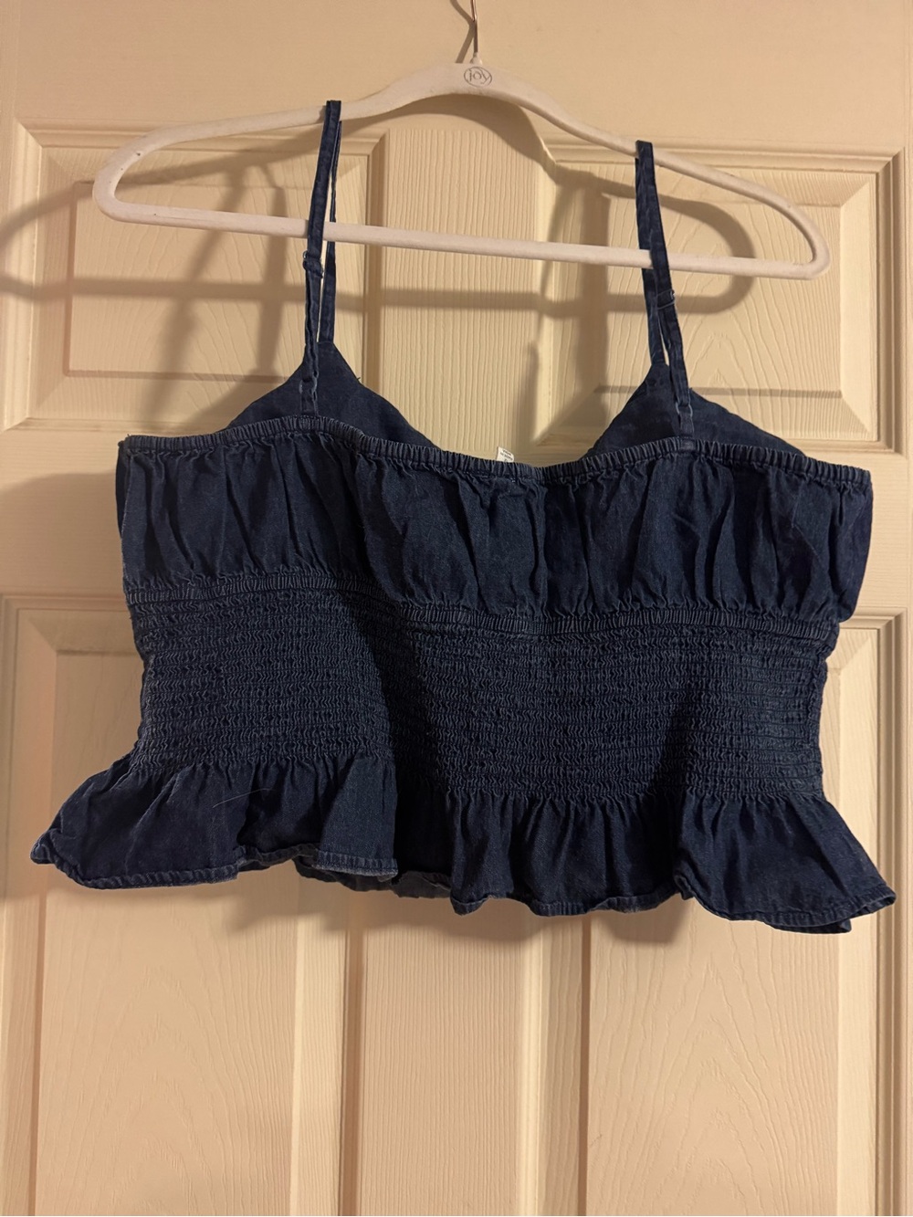 Dark Blue Smocked Ruffle Denim  Crop Top - Women's
